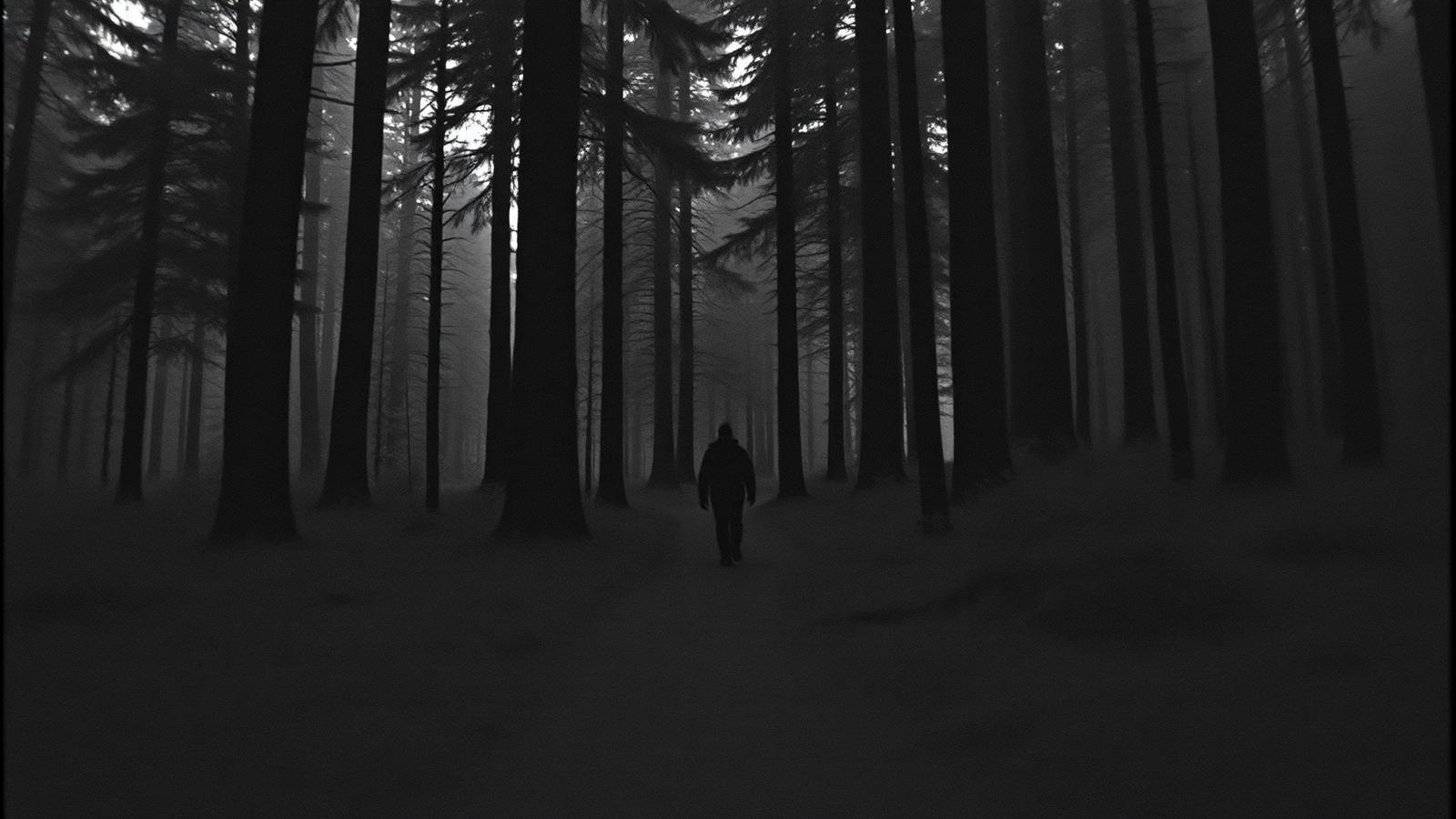 Film still of a lone figure walking through an old-growth forest